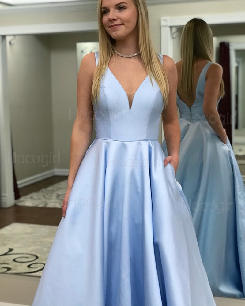 Simple Sky Blue V-neck Satin Long Prom Dress with Pockets pd1503