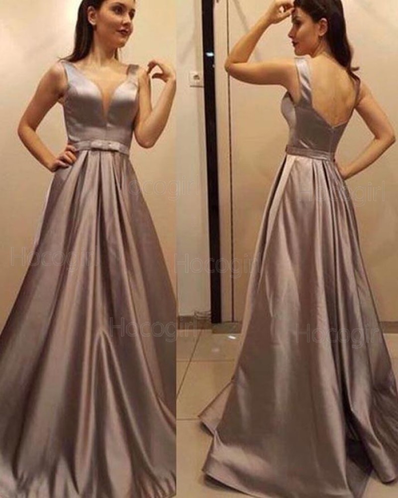 Deep V-neck Satin Pleated Brown Prom Dress with Open Back pd1512