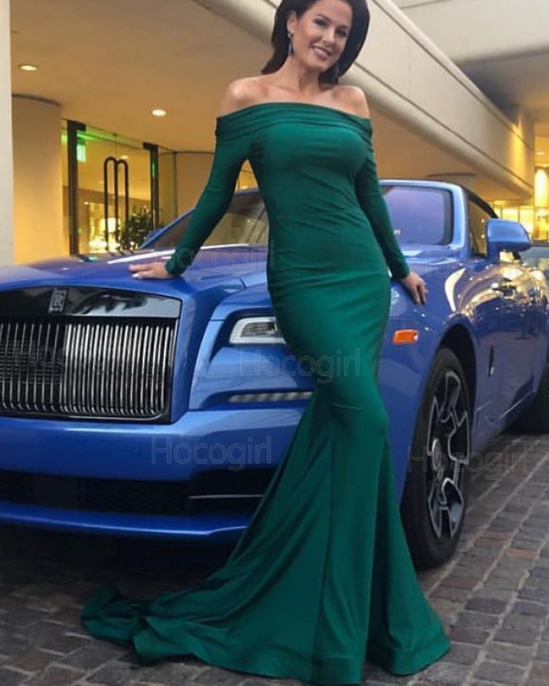 Simple Green Off the Shoulder Satin Evening Dress with Long Sleeves pd1574