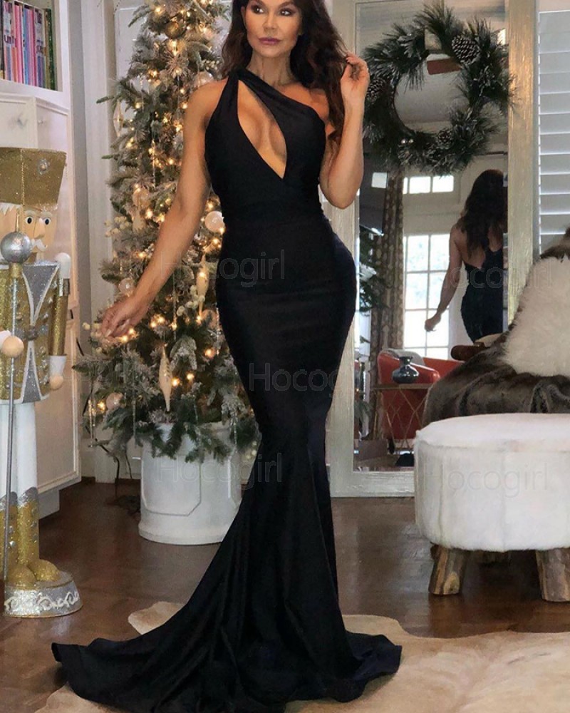 One Shoulder Cutout Satin Black Mermaid Prom Dress pd1582