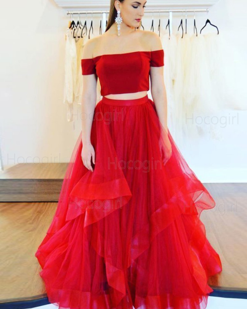 Off the Shoulder Red Two Piece Tulle Ruffled Prom Dress pd1604