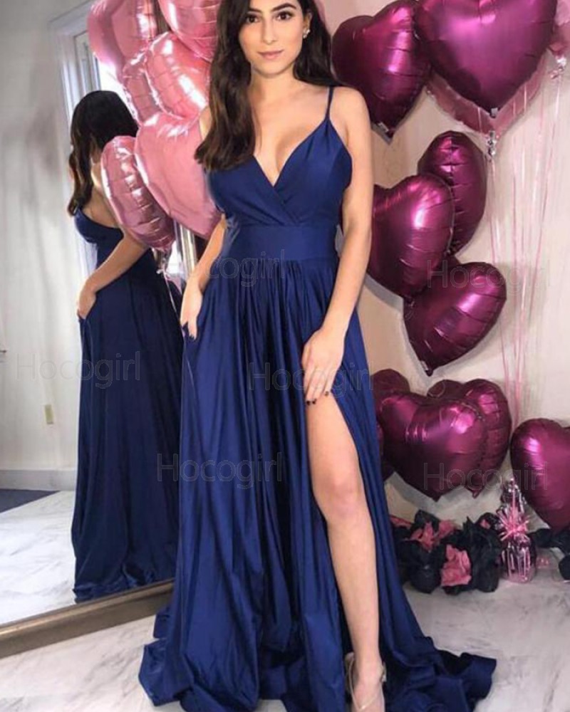 Simple Spaghetti Straps Blue Satin Pleated Prom Dress with Side Slit pd1620