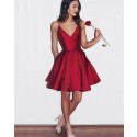 Simple Satin Rose Red Spaghetti Straps Homecoming Dress with Pockets HD3273