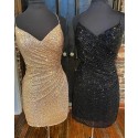 Spaghetti Straps Gold Sequin Ruched Tight Homecoming Dress HD3633