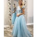 Jewel Beading Bodice Sparkle Light Blue Tulle Prom Dress with Short Sleeves PD1754