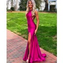 Simple High Neck Rose Red Satin Mermaid Prom Dress with Side Slit PD1769