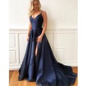 Double Spaghetti Straps Satin Navy Blue Prom Dress with Side Slit PD1782