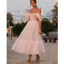 Off the Shoulder Light Pink Tulle Ankle Length Polka Dots Pleated Graduation Dress PD2057