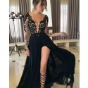 Sheer Neck Sequin Lace Black Long Slit Prom Dress PM1159
