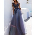 Bateau Appliqued Tulle Blue Prom Dress with Long Sleeves PM1224