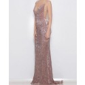 V-neck Gold Sequined Mermaid Style Evening Dress with Open Back PM1332