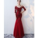 Off the Shoulder Burgundy Appliqued Mermaid Prom Dress with Half Length Sleeves PM1336