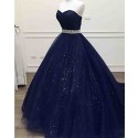 Sparkle Navy Blue Sweetheart Tulle Long Prom Dress with Beading Belt PM1346