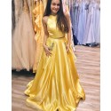 Simple Two Piece Yellow Satin Prom Dress with Beading Pockets PM1414