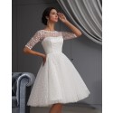 Jewel Neck Polka Dots White A-line Short Wedding Dress with Half Length Sleeves PM1891