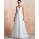 V-neck Beading Pearls Lace White A-line Wedding Dress QDWD016
