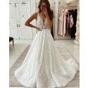 V-neck Ivory Pleated Lace Wedding Dress
