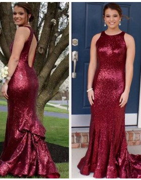 Jewel Mermaid Rose Red Sequined Mermaid Prom Dress with Open Back PD1028