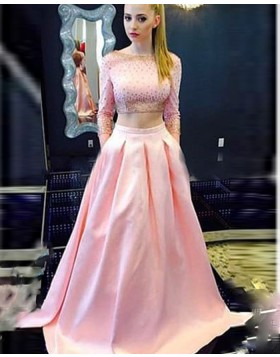 Two Piece Bateau Pink Beading Satin Long Sleeved Prom Dress with Pockets PD1035