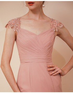 Square Neckline Peach Pink Ruched Mermaid Formal Dress QS291051