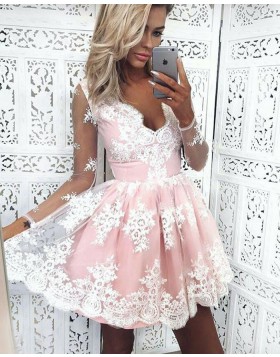 A-line Pink V-neck Lace Pleated Homecoming Dress with Long Sleeves HD3028