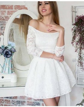 Off the Shoulder Ivory Lace Party Dress with 3/4 Length Sleeves HD3078