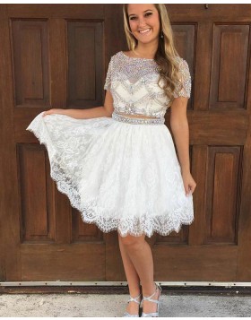 Bateau Beading Sheer Two Piece White Homecoming Dress with Lace Skirt HD3082