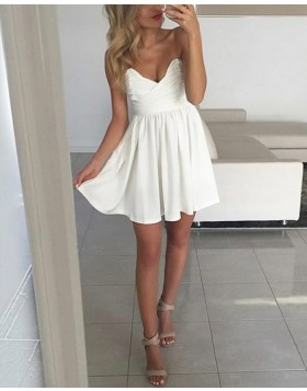 Simple White V-neck Ruched Chiffon Homecoming Dress with Pleats HD3223