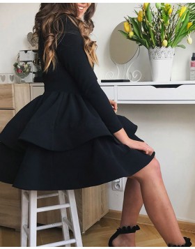 Simple Black Satin Layered Homecoming Dress with Long Sleeves HD3294