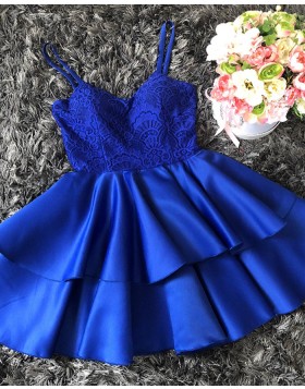 Spaghetti Straps Royal Blue Lace Bodice Homecoming Dress with Layered Skirt HD3330