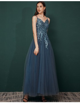 Navy Blue Applique Tulle Long Formal Dress QS351032