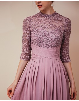 High Neck Purple Lace Chiffon Formal Dress with Half Length Sleeves QS351035