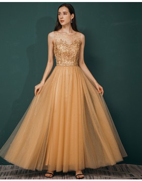 Jewel Neckline Beading Tulle Gold Pleated Formal Dress QS361044
