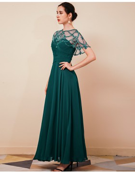 Jewel Beading Chiffon Dark Green Long Formal Dress with Cap Sleeves QS411052