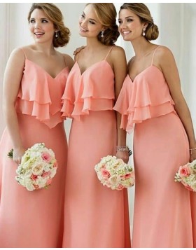 Spaghetti Straps Layered Pink Long Bridesmaid Dress BD2099