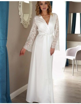 V-neck White Satin Long Bridal Robe with Lace Sleeves BR008