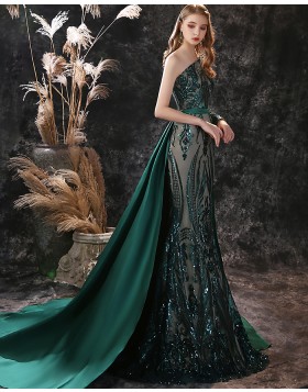 One Shoulder Sequin Green Mermaid Evening Dress with Detached Train