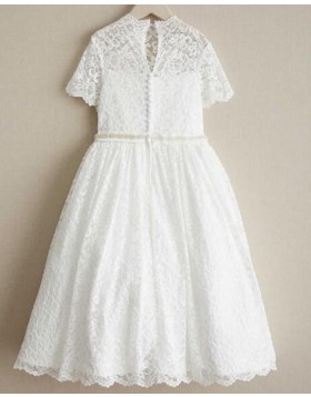 High Neck Lace White Beading Girl Dress with Short Sleeves FC0018