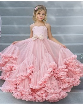 Square Pink Tulle A-line Ruffled Pageant Dress for Girls FG1009