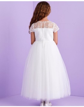 Lace Bodice Tulle Jewel White First Communion Dress with Short Sleeves FG1034