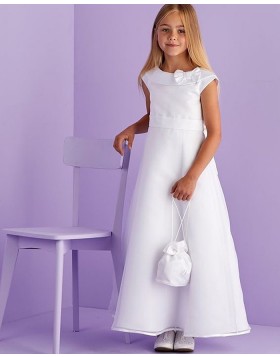 White Satin Jewel Neckline A-line First Communion Dress with Cap Sleeves FG1035