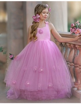 Lavender Scoop Tulle Pleated Girls Pageant Dress with Handmade Flowers FG1057