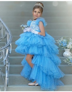 Jewel Neckline Sparkle Blue High Low Ruffled Girls Pageant Dress FG1058