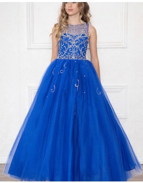 Jewel Royal Blue Beading Sheer Tulle Girls Pageant Dress