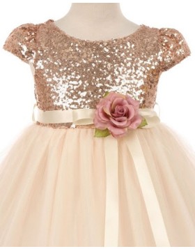 Gold Sequined Bodice Pageant Dress for Girls with Flower