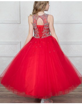 High Neck Beading Red Tulle Girls Pageant Dress