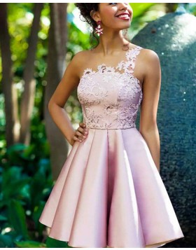 One Shoulder Lace Appliqued Bodice Satin Pink Homecoming Dress HD3367