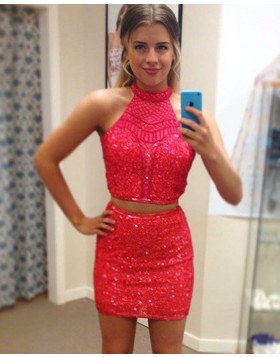High Neck Sequin Two Piece Red Tight Club Dress HD3377