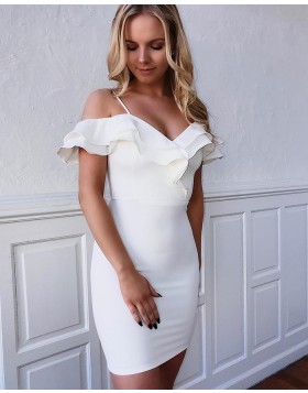 Cold Shoulder Bodycon Layered Neck White Party Dress HD3474