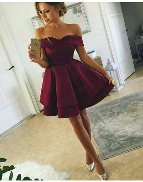 Off the Shoulder Burgundy Simple Homecoming Dress with Layered Skirt HD3476